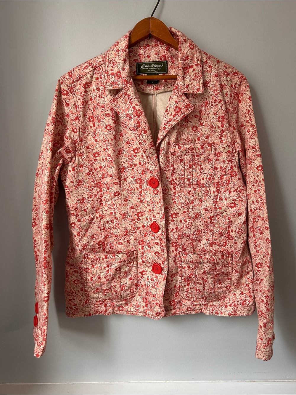 Eddie Bauer Cream Red Floral Cotton Button-Up Light Jacket Womens Size LG